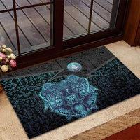 Viking Warrior and Raven Norse Mythology Rubber Doormat Neon Line Art with Rune Patterns