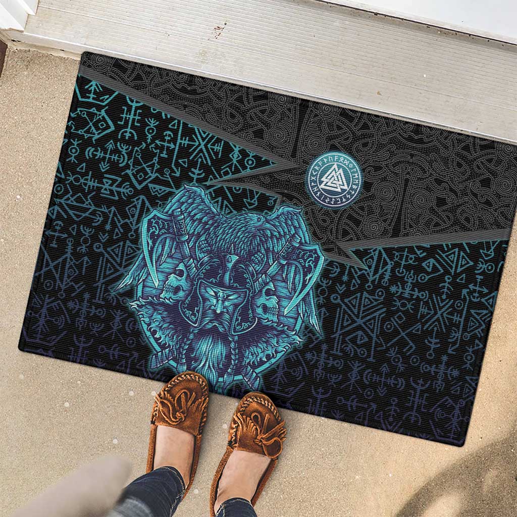Viking Warrior and Raven Norse Mythology Rubber Doormat Neon Line Art with Rune Patterns