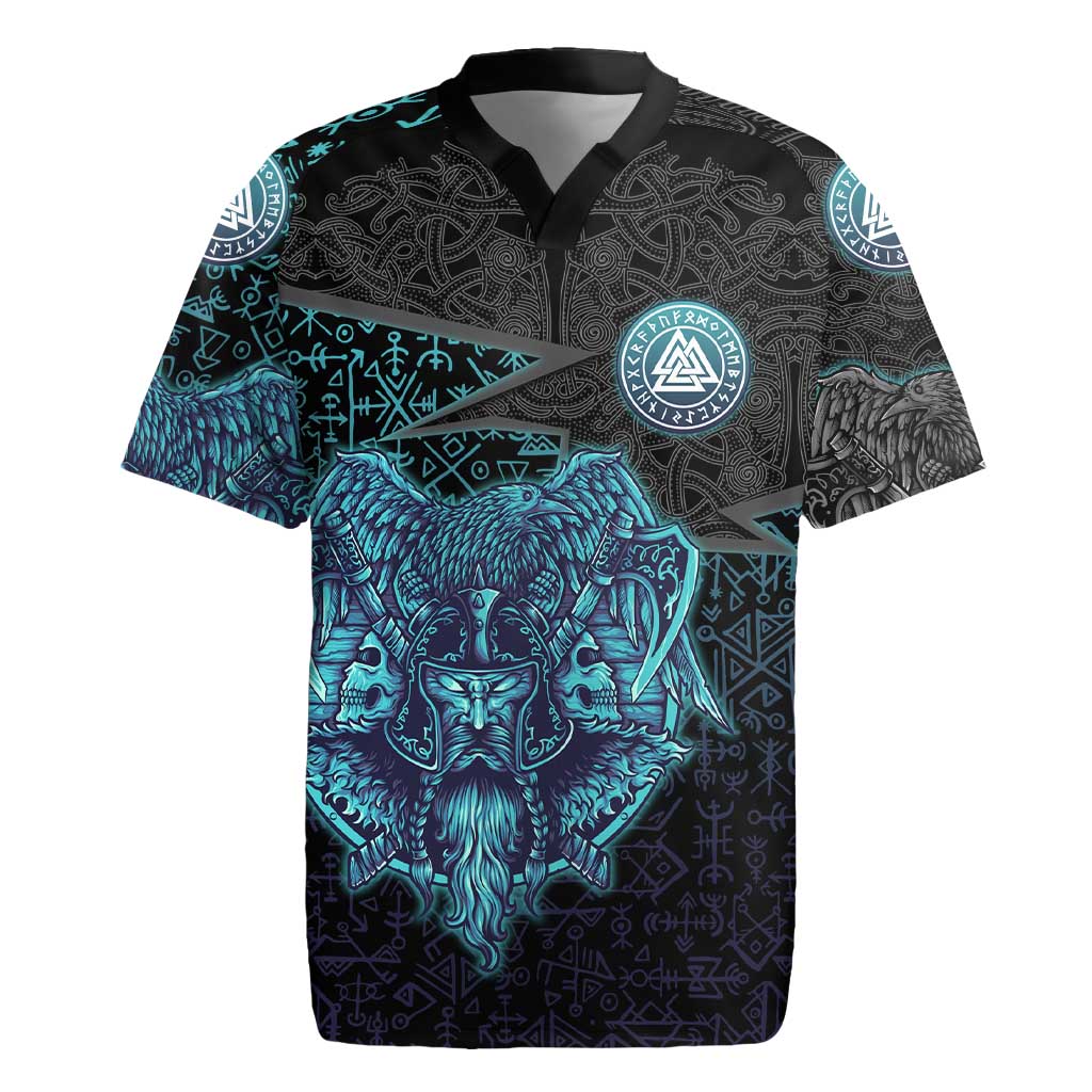 Viking Warrior and Raven Norse Mythology Rugby Jersey Neon Line Art with Rune Patterns