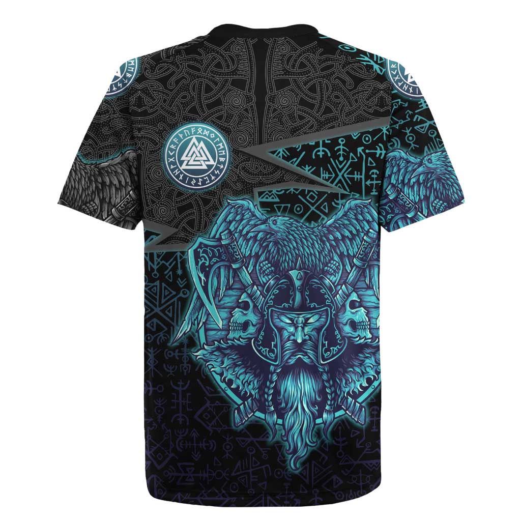 Viking Warrior and Raven Norse Mythology Rugby Jersey Neon Line Art with Rune Patterns