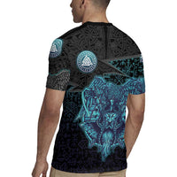 Viking Warrior and Raven Norse Mythology Rugby Jersey Neon Line Art with Rune Patterns