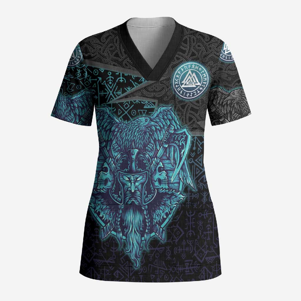 Viking Warrior and Raven Norse Mythology Scrub Top Neon Line Art with Rune Patterns