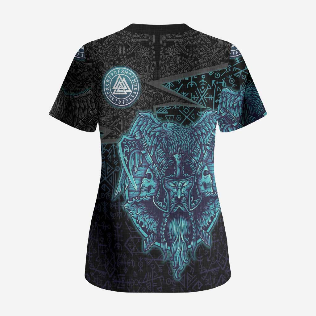 Viking Warrior and Raven Norse Mythology Scrub Top Neon Line Art with Rune Patterns