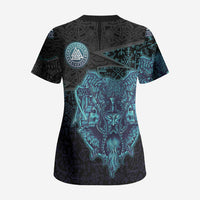 Viking Warrior and Raven Norse Mythology Scrub Top Neon Line Art with Rune Patterns