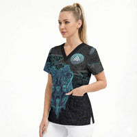 Viking Warrior and Raven Norse Mythology Scrub Top Neon Line Art with Rune Patterns