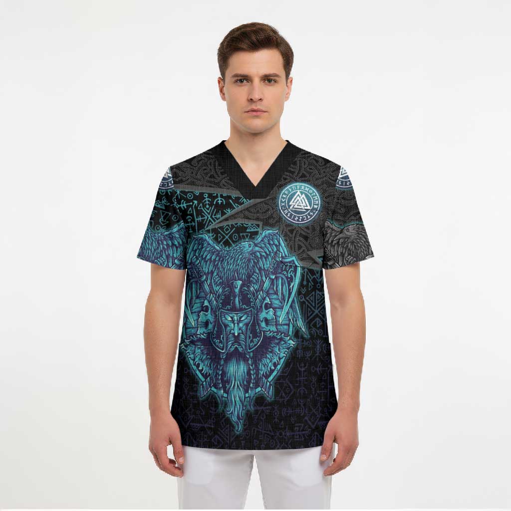 Viking Warrior and Raven Norse Mythology Scrub Top Neon Line Art with Rune Patterns