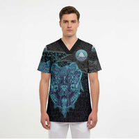 Viking Warrior and Raven Norse Mythology Scrub Top Neon Line Art with Rune Patterns