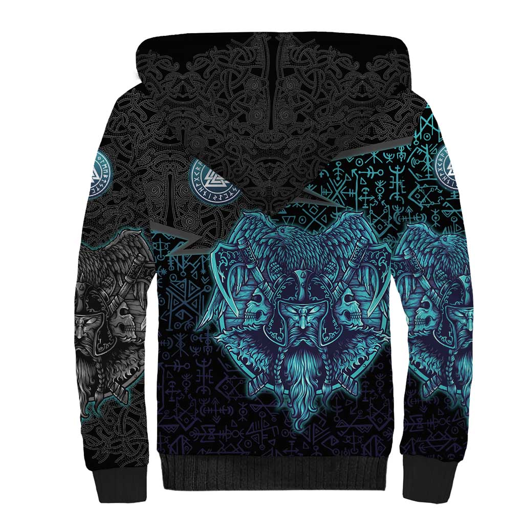 Viking Warrior and Raven Norse Mythology Sherpa Hoodie Neon Line Art with Rune Patterns