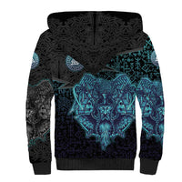 Viking Warrior and Raven Norse Mythology Sherpa Hoodie Neon Line Art with Rune Patterns
