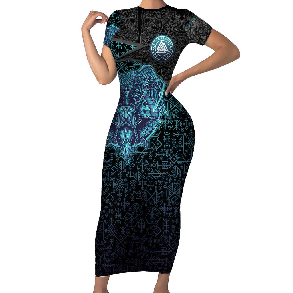 Viking Warrior and Raven Norse Mythology Short Sleeve Bodycon Dress Neon Line Art with Rune Patterns