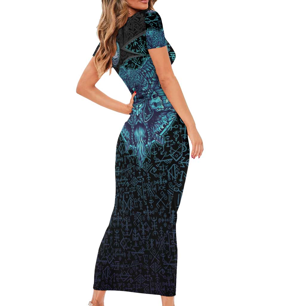 Viking Warrior and Raven Norse Mythology Short Sleeve Bodycon Dress Neon Line Art with Rune Patterns