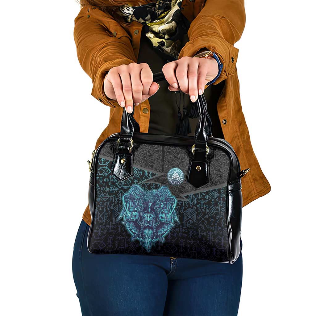 Viking Warrior and Raven Norse Mythology Shoulder Handbag Neon Line Art with Rune Patterns