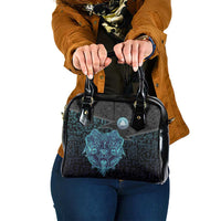 Viking Warrior and Raven Norse Mythology Shoulder Handbag Neon Line Art with Rune Patterns