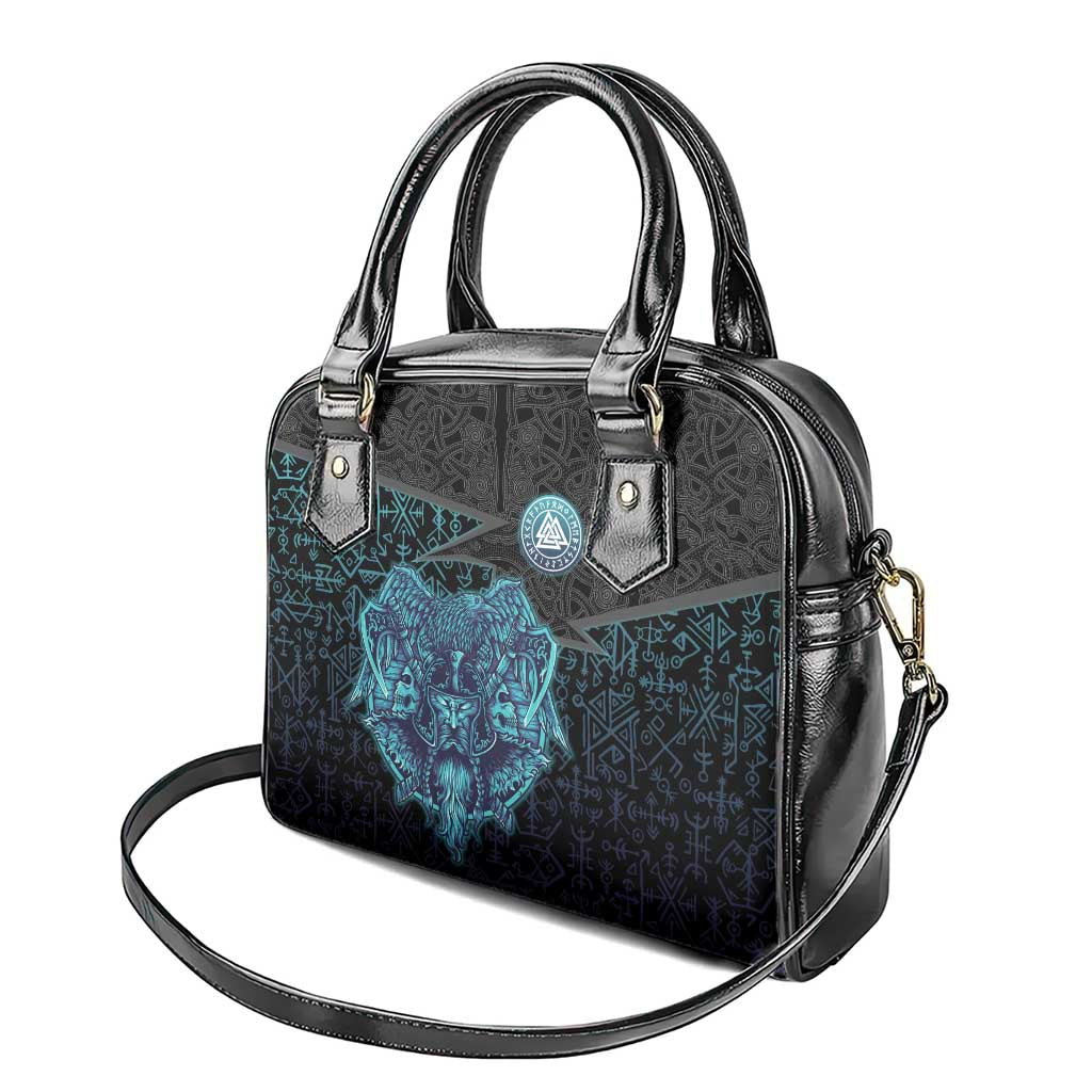 Viking Warrior and Raven Norse Mythology Shoulder Handbag Neon Line Art with Rune Patterns