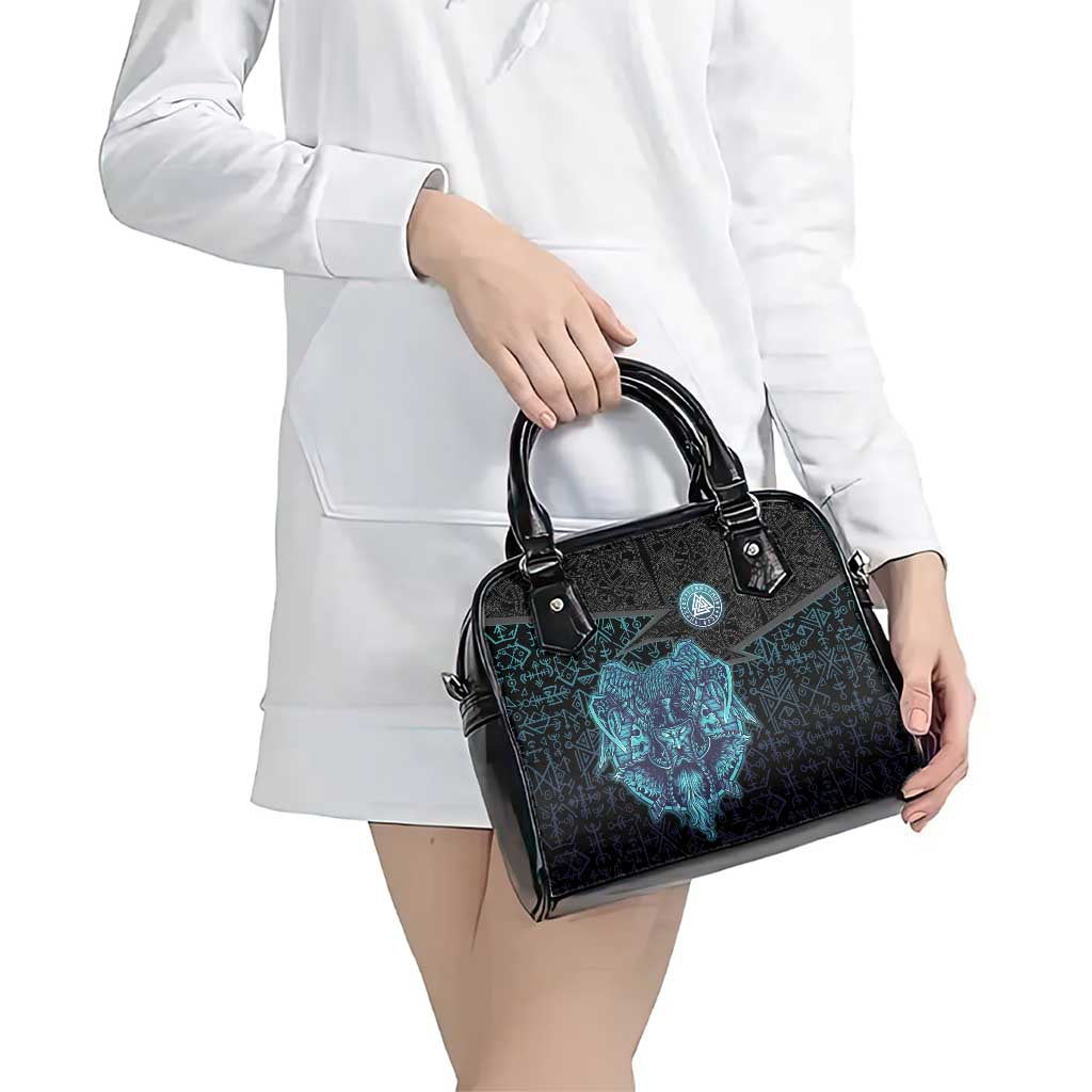 Viking Warrior and Raven Norse Mythology Shoulder Handbag Neon Line Art with Rune Patterns