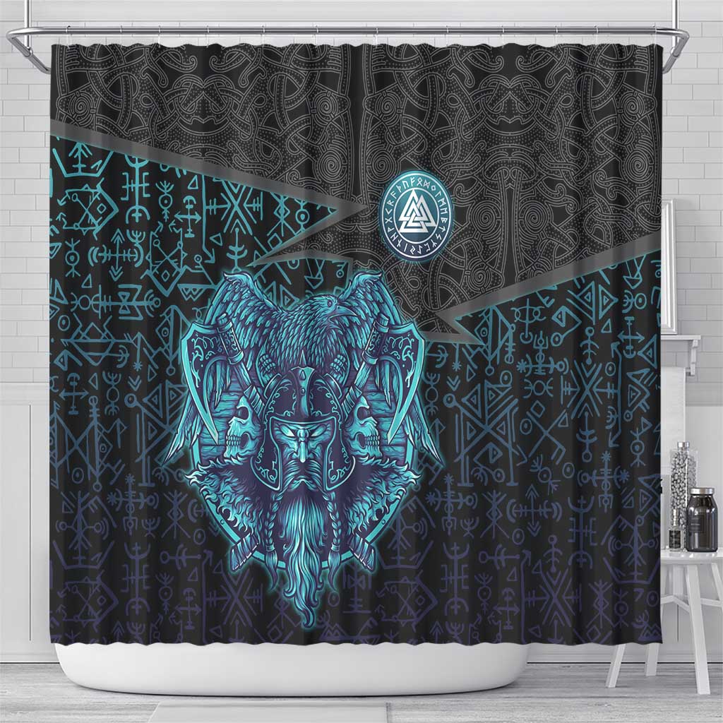 Viking Warrior and Raven Norse Mythology Shower Curtain Neon Line Art with Rune Patterns