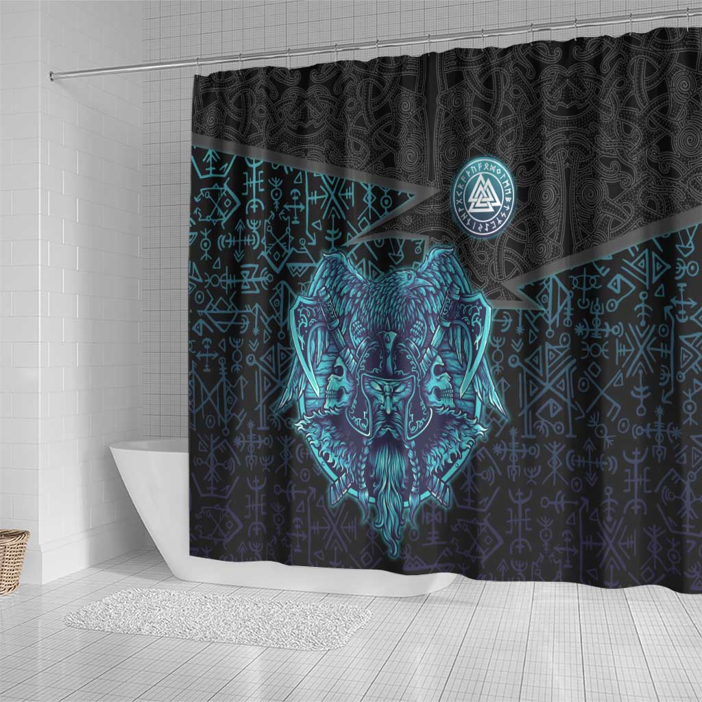 Viking Warrior and Raven Norse Mythology Shower Curtain Neon Line Art with Rune Patterns