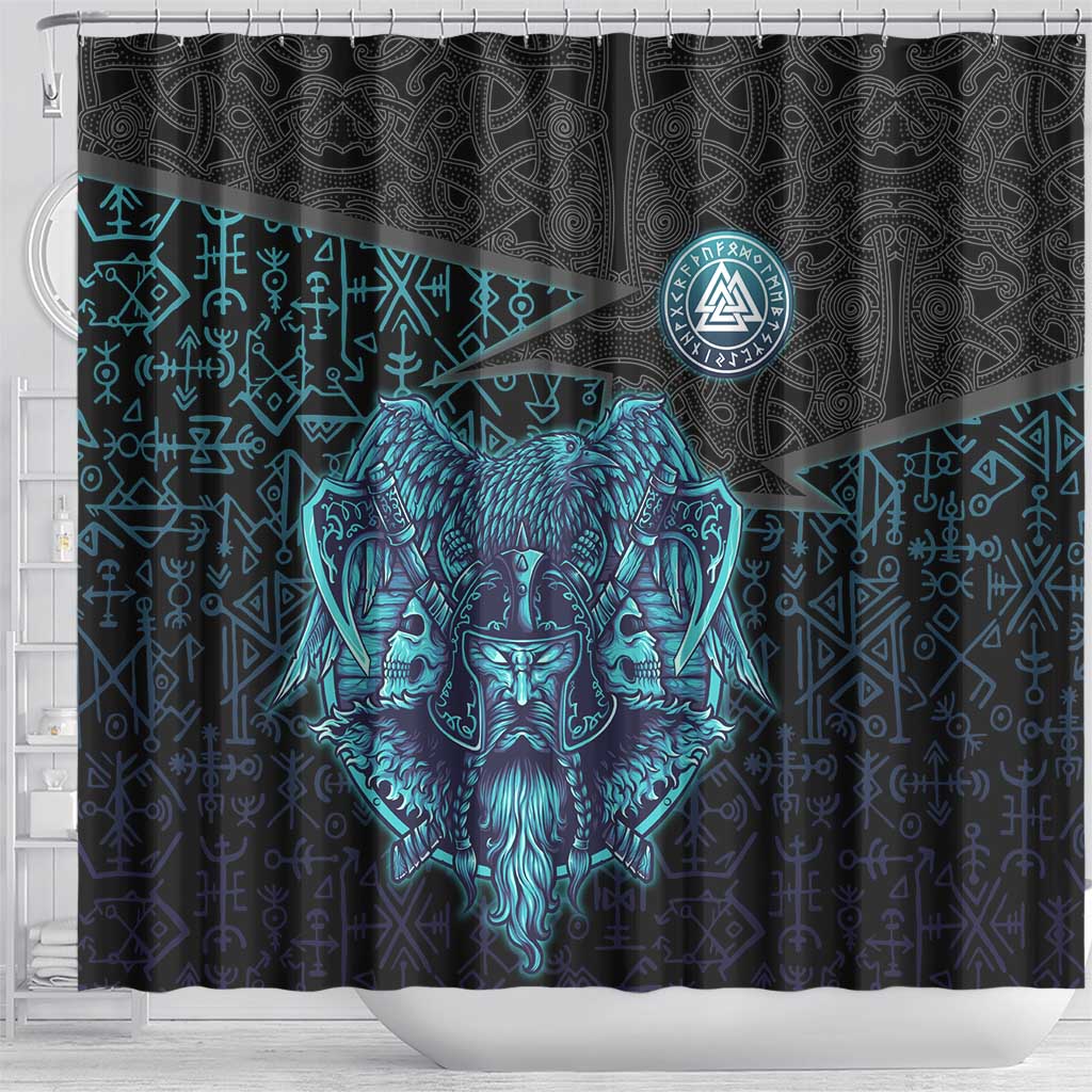 Viking Warrior and Raven Norse Mythology Shower Curtain Neon Line Art with Rune Patterns