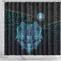 Viking Warrior and Raven Norse Mythology Shower Curtain Neon Line Art with Rune Patterns