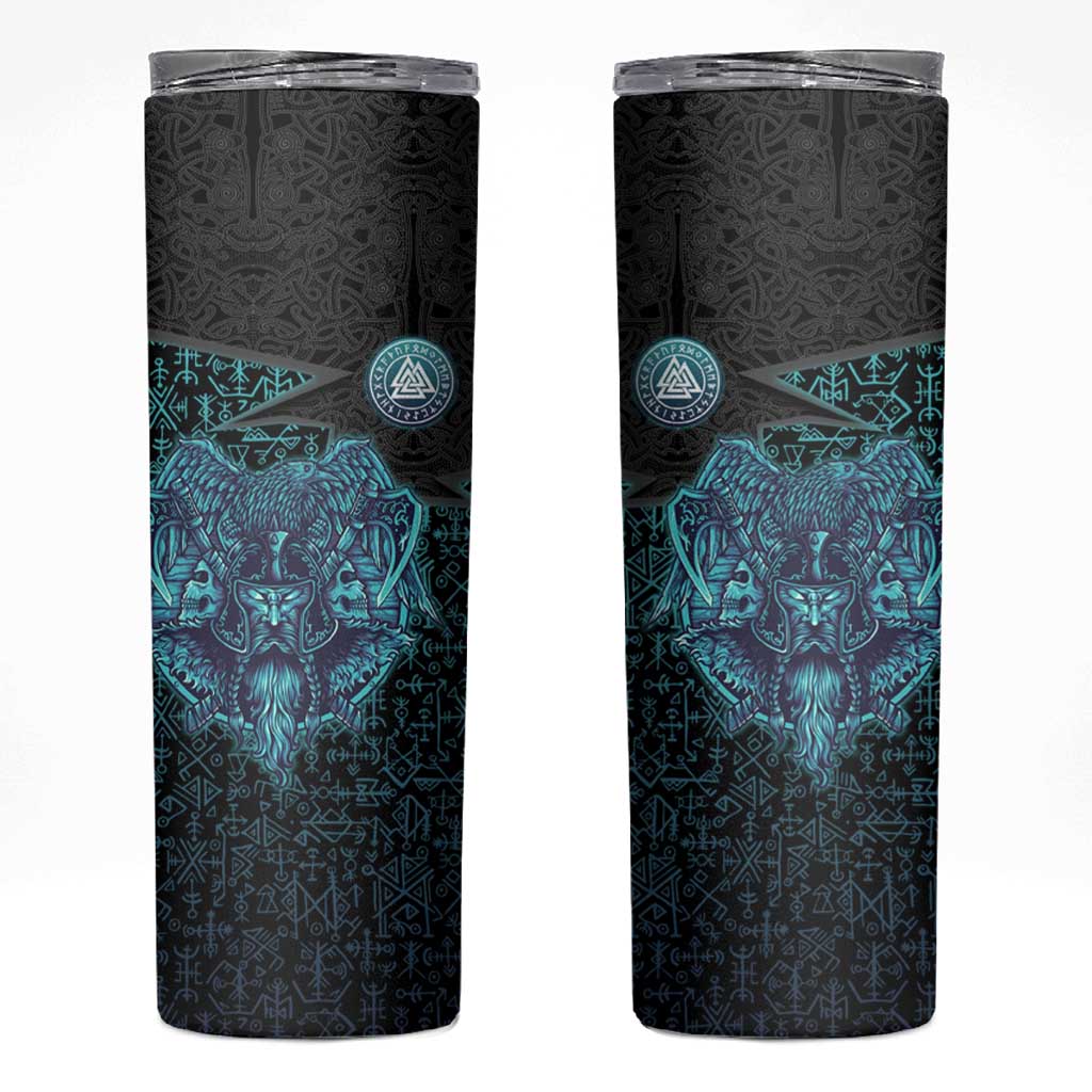 Viking Warrior and Raven Norse Mythology Skinny Tumbler Neon Line Art with Rune Patterns