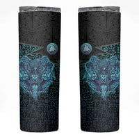Viking Warrior and Raven Norse Mythology Skinny Tumbler Neon Line Art with Rune Patterns