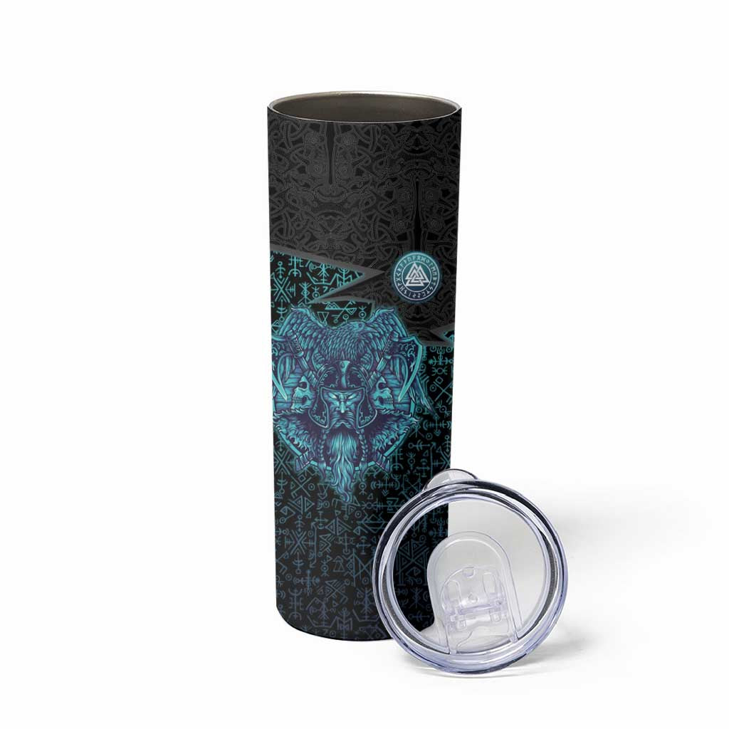Viking Warrior and Raven Norse Mythology Skinny Tumbler Neon Line Art with Rune Patterns