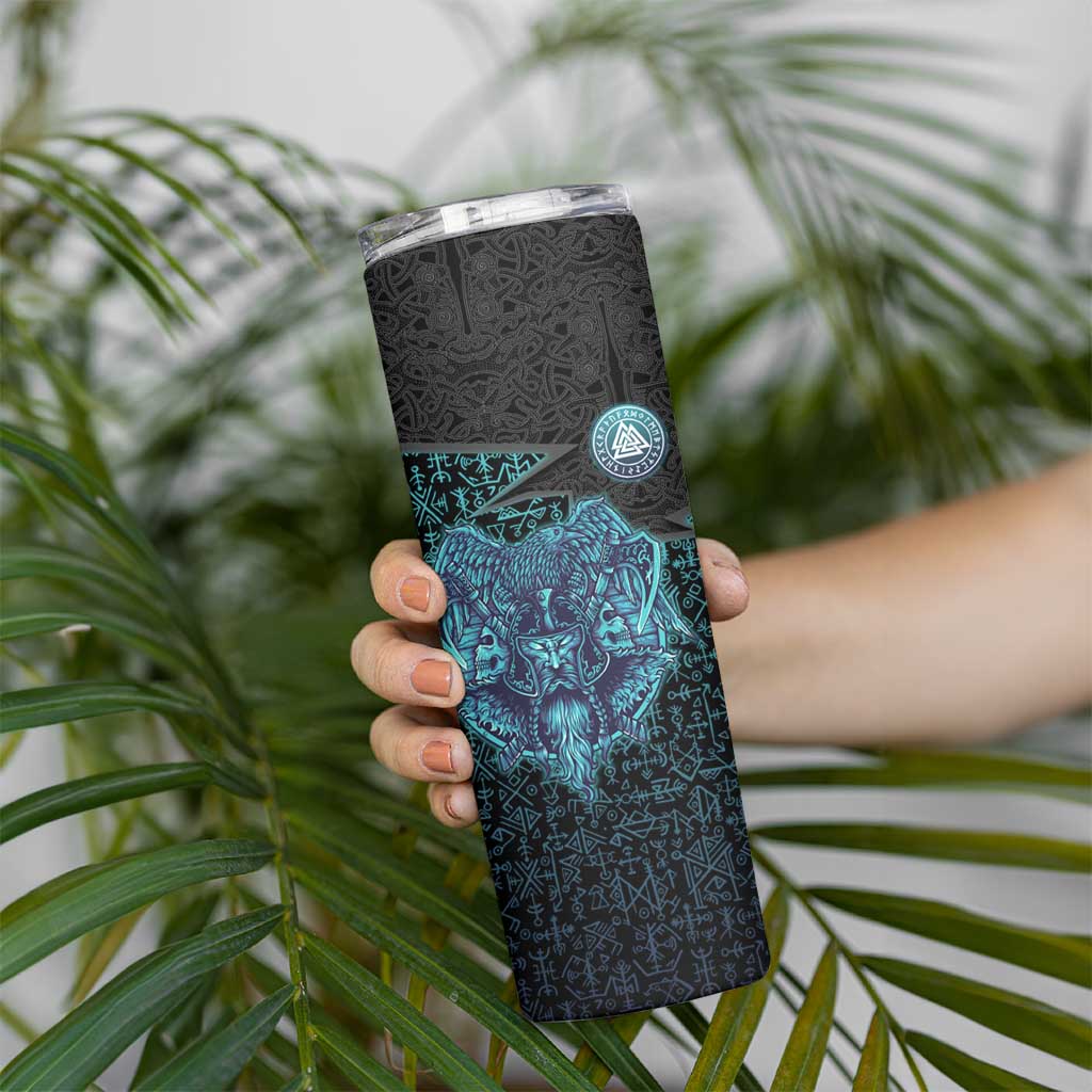 Viking Warrior and Raven Norse Mythology Skinny Tumbler Neon Line Art with Rune Patterns