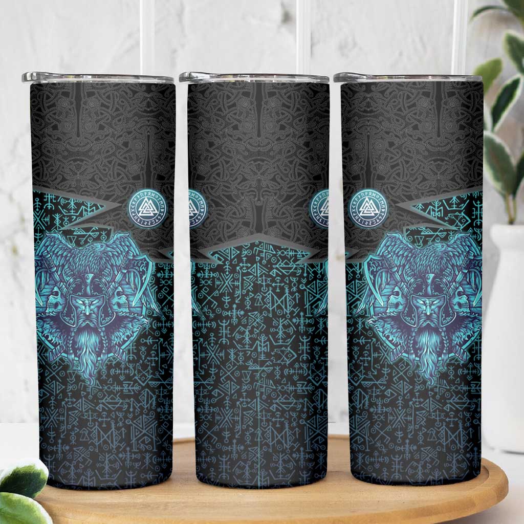 Viking Warrior and Raven Norse Mythology Skinny Tumbler Neon Line Art with Rune Patterns
