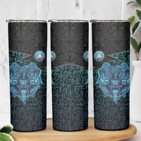 Viking Warrior and Raven Norse Mythology Skinny Tumbler Neon Line Art with Rune Patterns