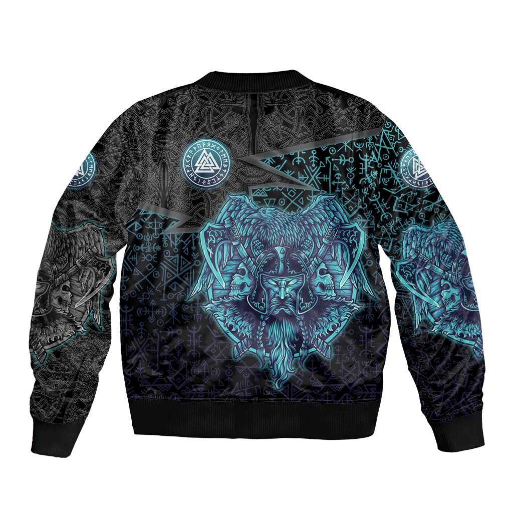 Viking Warrior and Raven Norse Mythology Sleeve Zip Bomber Jacket Neon Line Art with Rune Patterns