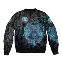 Viking Warrior and Raven Norse Mythology Sleeve Zip Bomber Jacket Neon Line Art with Rune Patterns