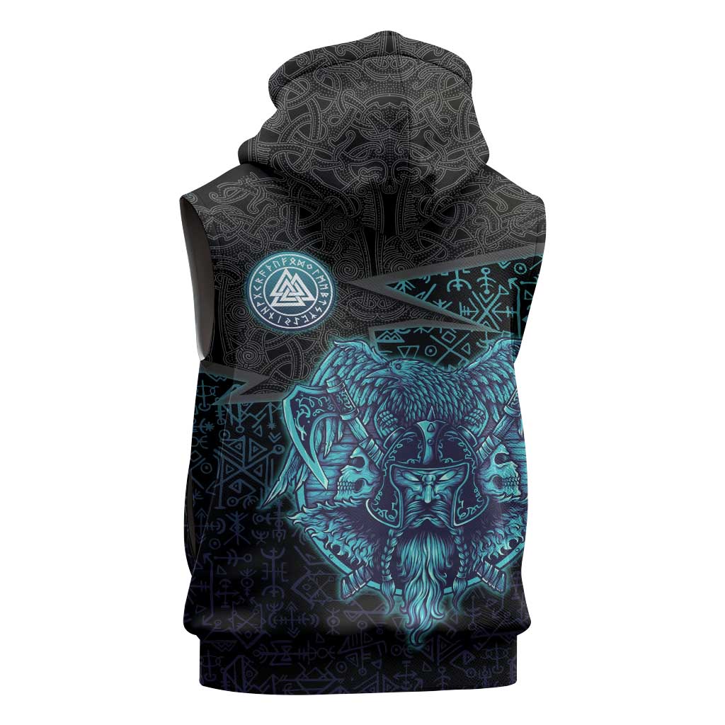 Viking Warrior and Raven Norse Mythology Sleeveless Hoodie Neon Line Art with Rune Patterns
