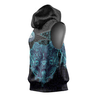 Viking Warrior and Raven Norse Mythology Sleeveless Hoodie Neon Line Art with Rune Patterns