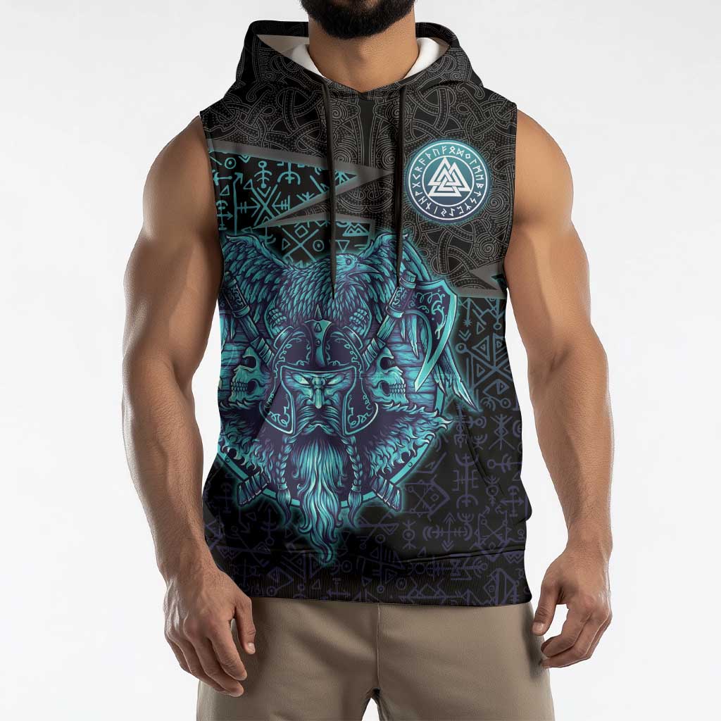 Viking Warrior and Raven Norse Mythology Sleeveless Hoodie Neon Line Art with Rune Patterns