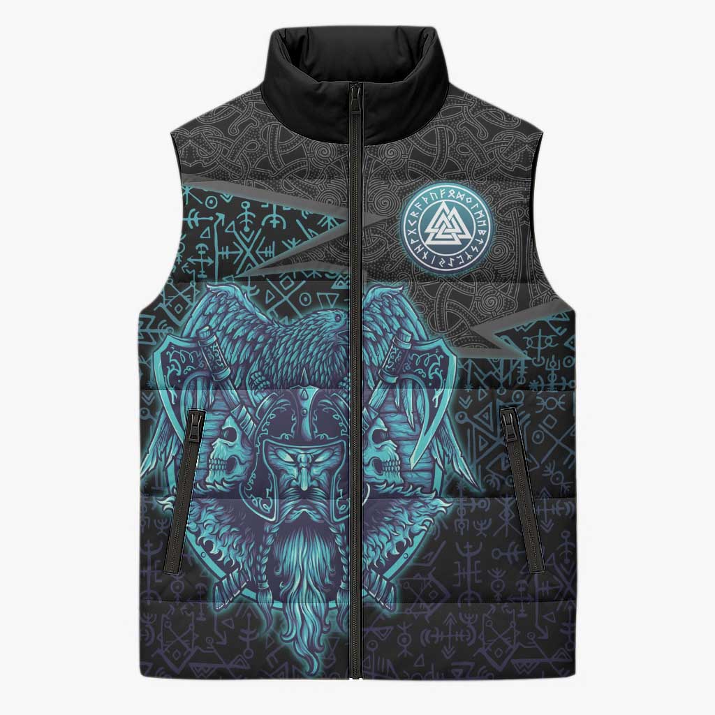 Viking Warrior and Raven Norse Mythology Sleeveless Puffer Jacket Neon Line Art with Rune Patterns