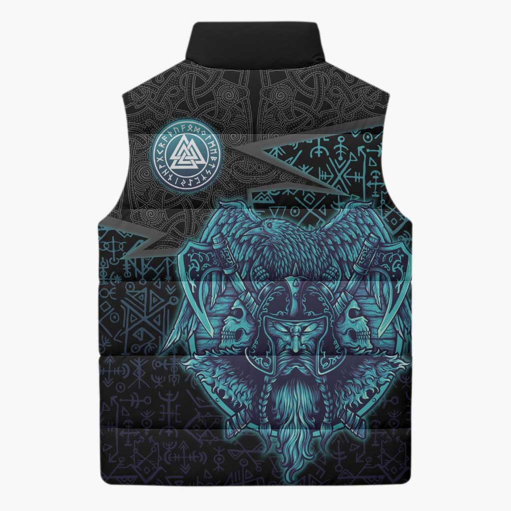 Viking Warrior and Raven Norse Mythology Sleeveless Puffer Jacket Neon Line Art with Rune Patterns