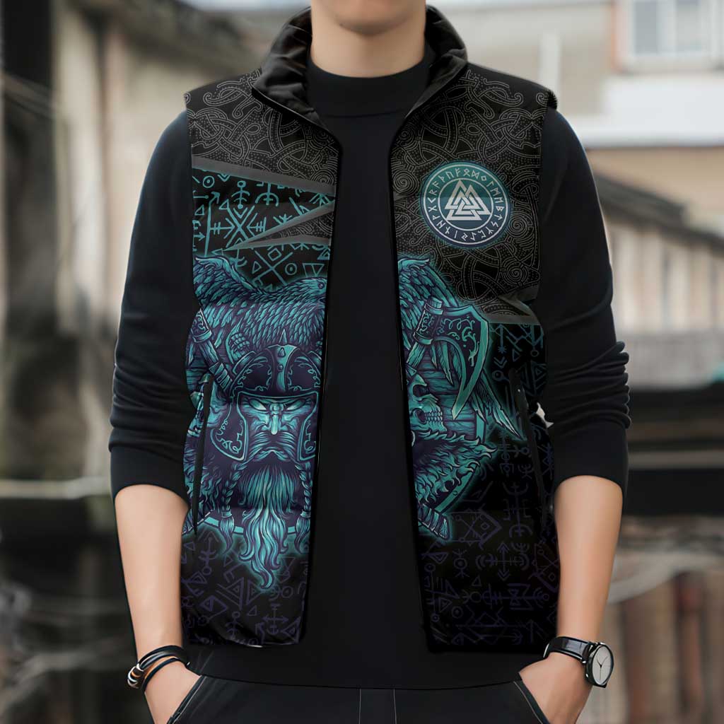 Viking Warrior and Raven Norse Mythology Sleeveless Puffer Jacket Neon Line Art with Rune Patterns
