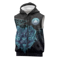 Viking Warrior and Raven Norse Mythology Sleeveless Zip Hoodie Neon Line Art with Rune Patterns