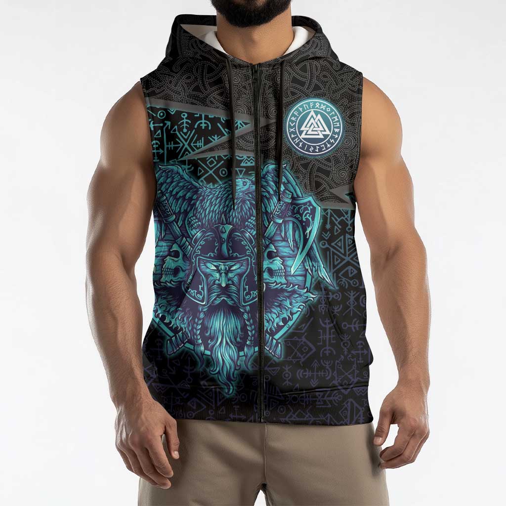 Viking Warrior and Raven Norse Mythology Sleeveless Zip Hoodie Neon Line Art with Rune Patterns