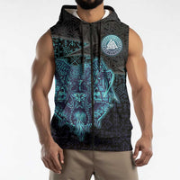 Viking Warrior and Raven Norse Mythology Sleeveless Zip Hoodie Neon Line Art with Rune Patterns