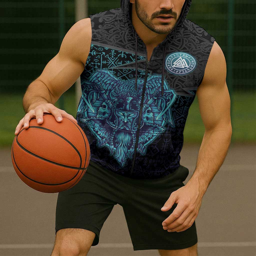 Viking Warrior and Raven Norse Mythology Sleeveless Zip Hoodie Neon Line Art with Rune Patterns