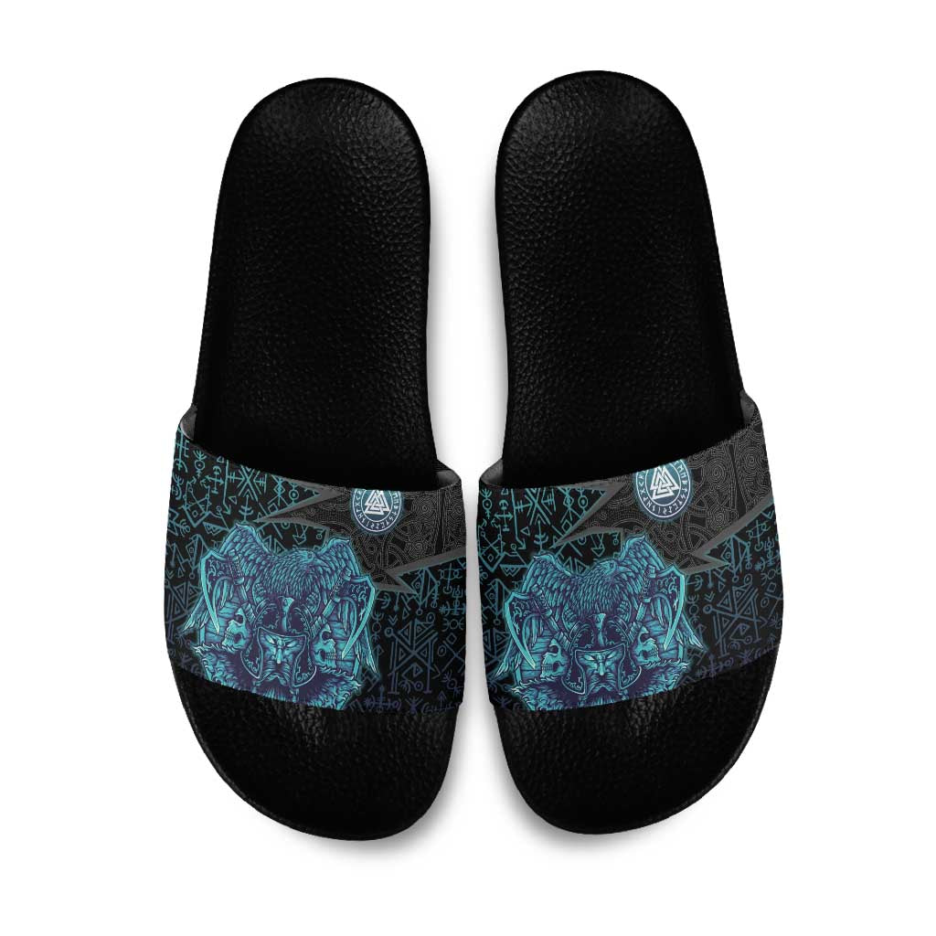Viking Warrior and Raven Norse Mythology Slide Sandals Neon Line Art with Rune Patterns