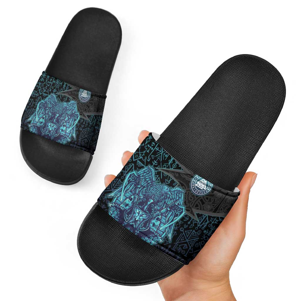 Viking Warrior and Raven Norse Mythology Slide Sandals Neon Line Art with Rune Patterns