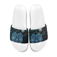Viking Warrior and Raven Norse Mythology Slide Sandals Neon Line Art with Rune Patterns