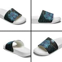 Viking Warrior and Raven Norse Mythology Slide Sandals Neon Line Art with Rune Patterns