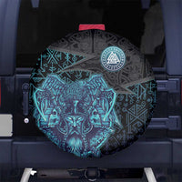 Viking Warrior and Raven Norse Mythology Spare Tire Cover Neon Line Art with Rune Patterns