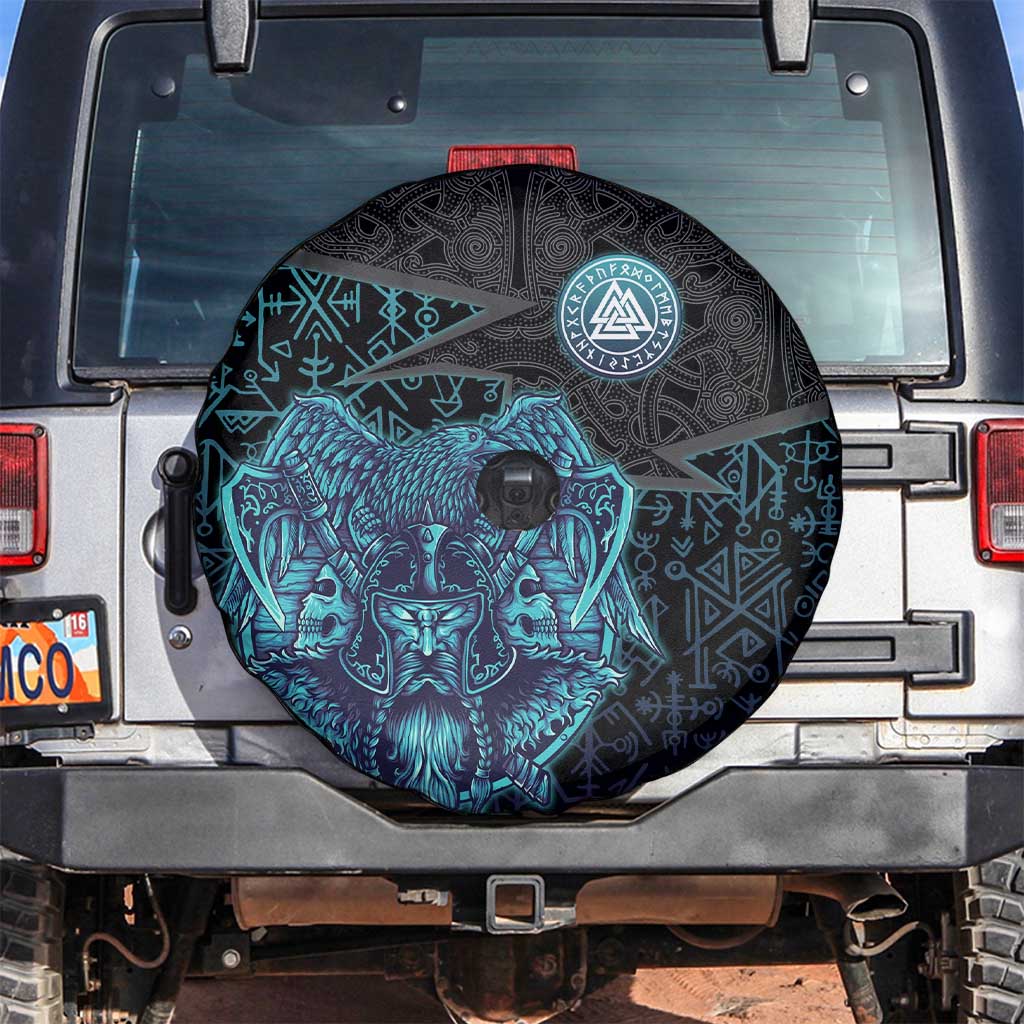 Viking Warrior and Raven Norse Mythology Spare Tire Cover Neon Line Art with Rune Patterns