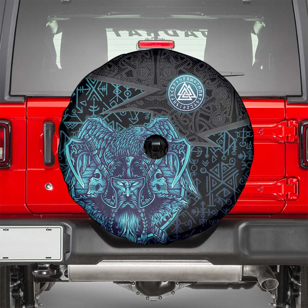 Viking Warrior and Raven Norse Mythology Spare Tire Cover Neon Line Art with Rune Patterns