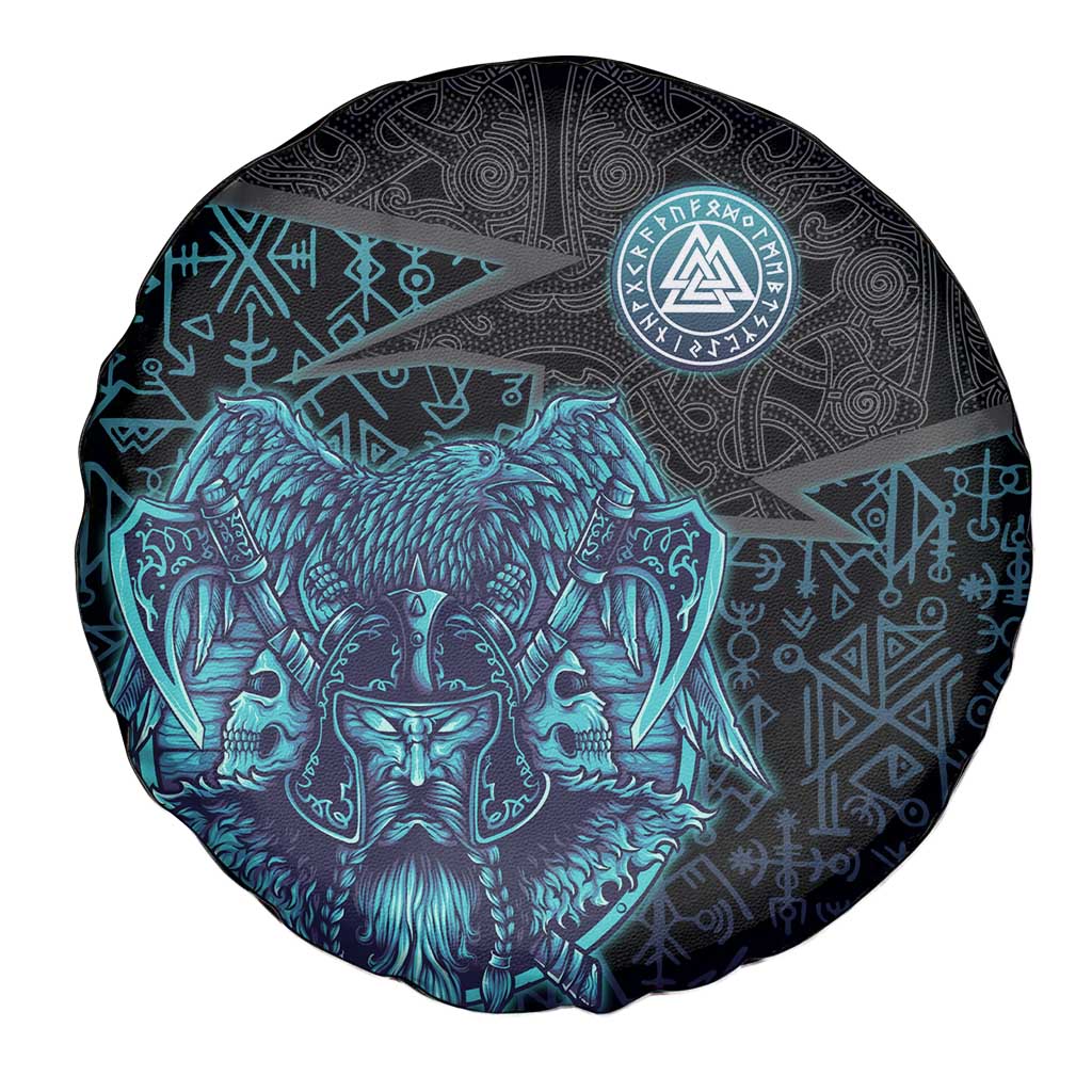 Viking Warrior and Raven Norse Mythology Spare Tire Cover Neon Line Art with Rune Patterns