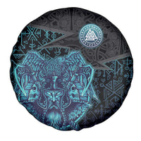 Viking Warrior and Raven Norse Mythology Spare Tire Cover Neon Line Art with Rune Patterns